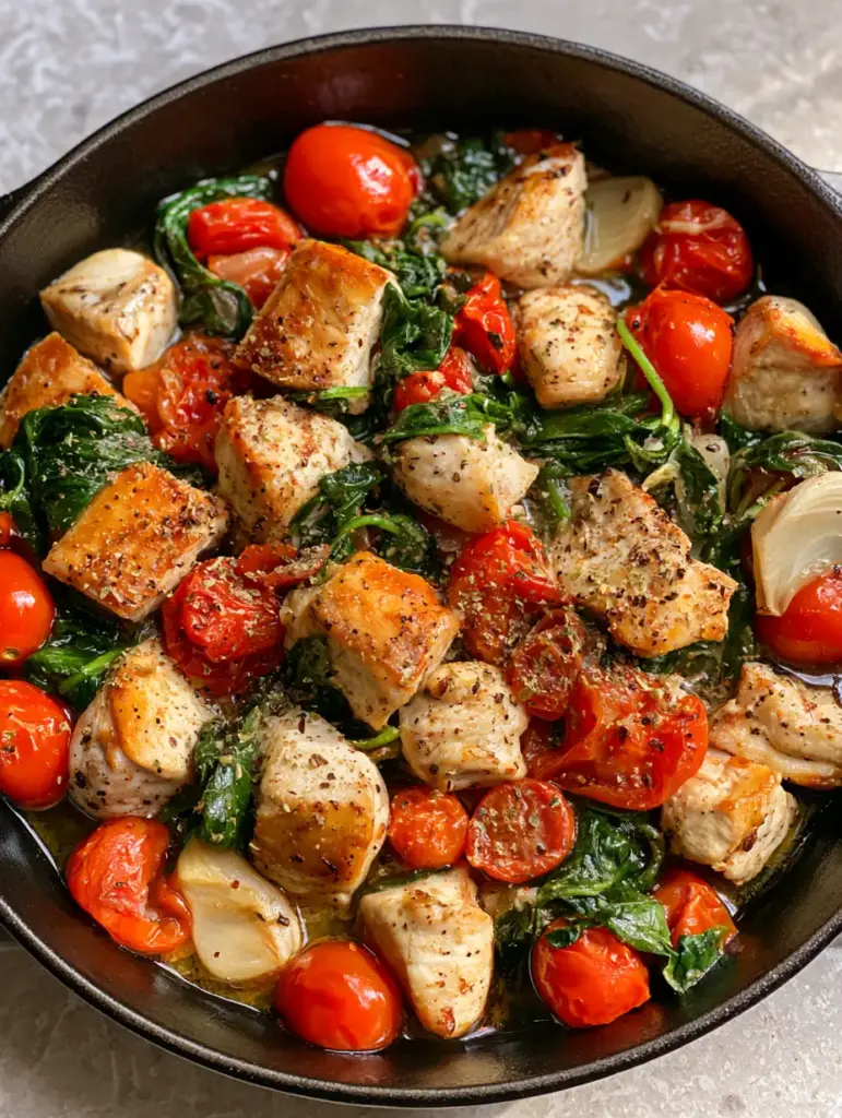 Mediterranean Chicken Stir Fry with Blistered Tomatoes and Spinach 2 Close up of seared chicken pieces and blistered cherry tomatoes in a Mediterranean Chicken Stir Fry.