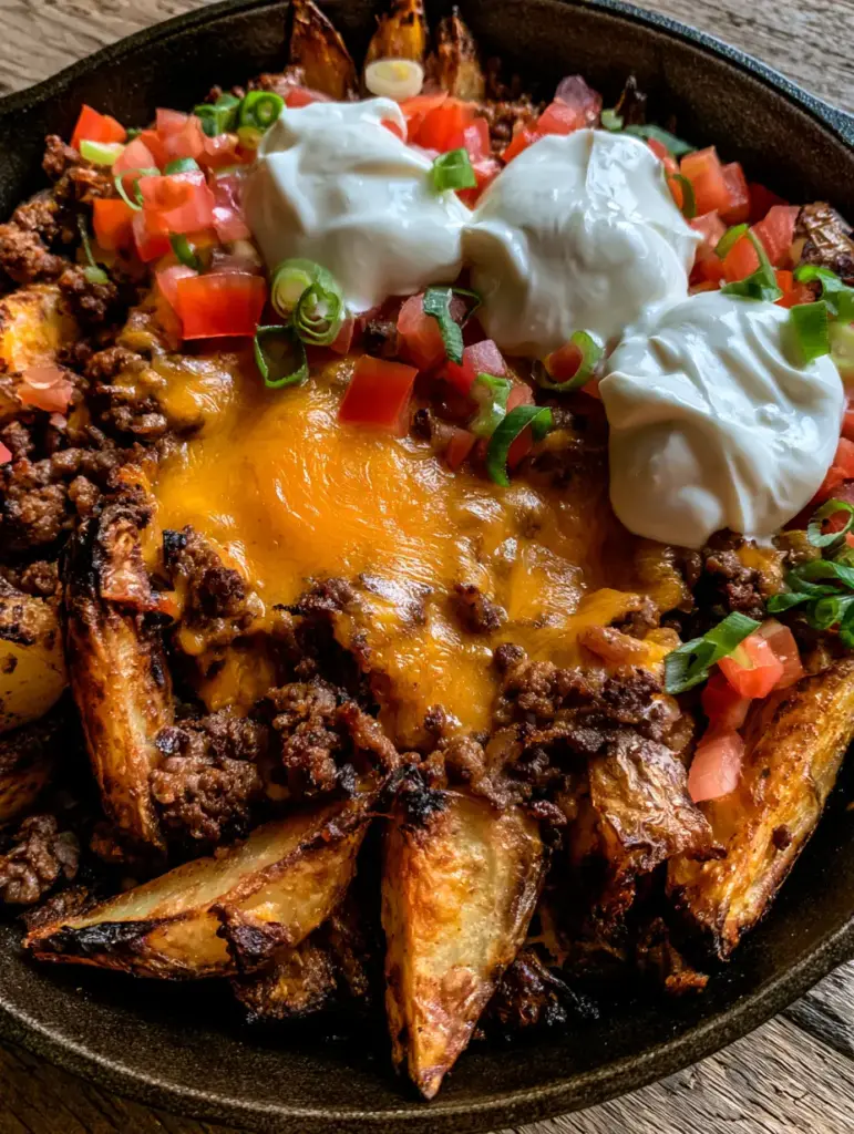 Cheesy Taco Potatoes: The Ultimate One-Skillet Family Dinner 2 Close up of crispy roasted potato wedges and seasoned ground beef covered in melted orange cheddar cheese for Cheesy Taco Potatoes.
