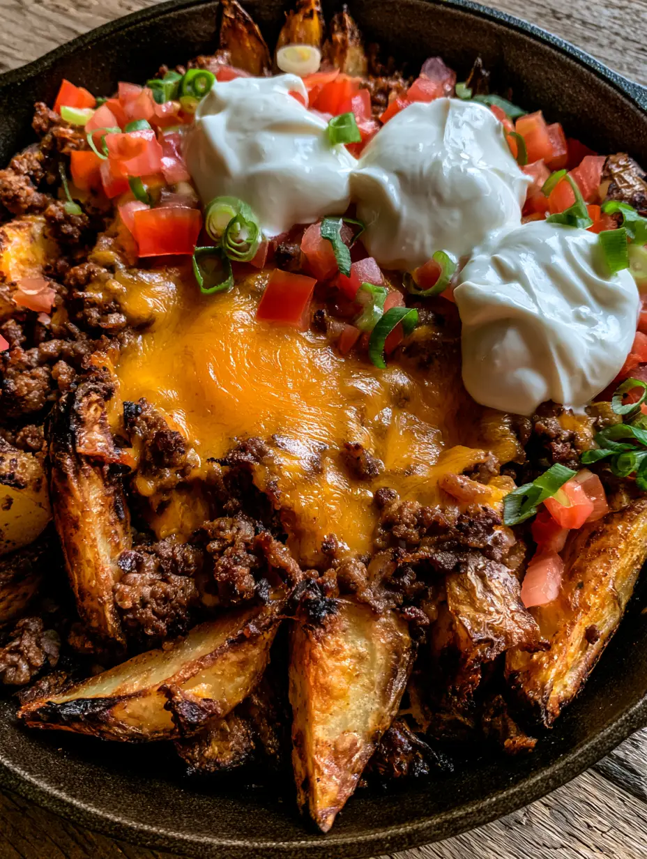 Cheesy Taco Potatoes: The Ultimate One-Skillet Family Dinner 4 Close up of crispy roasted potato wedges and seasoned ground beef covered in melted orange cheddar cheese for Cheesy Taco Potatoes.