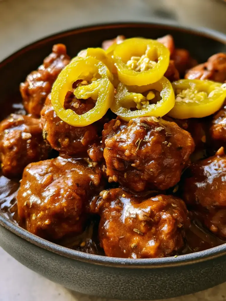 A casual, rustic plating of Mississippi Meatballs in a ceramic bowl with visible melted butter residue and seasoning grains.