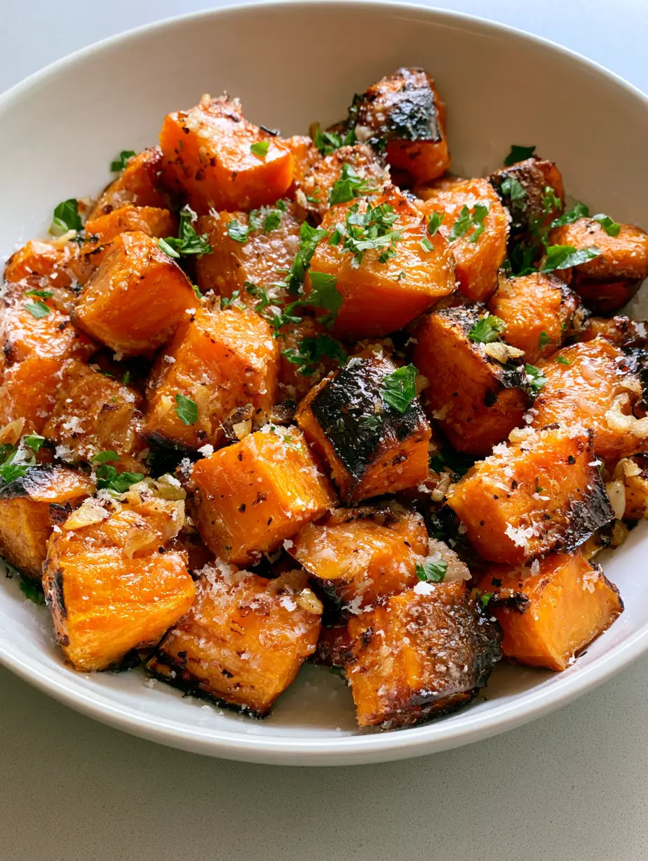 Garlic Parmesan Roasted Sweet Potatoes with Crispy Caramelized Edges 3 Close up handheld photo of Garlic Parmesan Roasted Sweet Potatoes showing the vibrant orange interior and dark crispy edges.