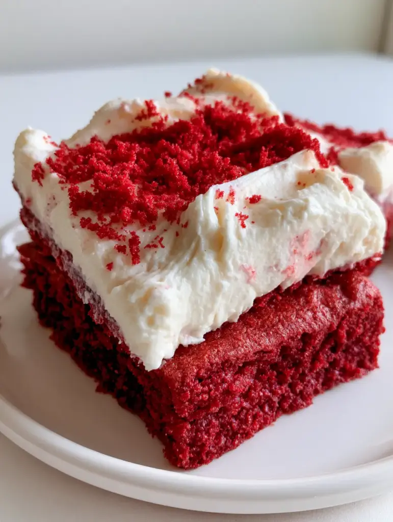 Close-up of Red Velvet Cookie Bars showing the dense, deep-red sugar cookie crumb texture.