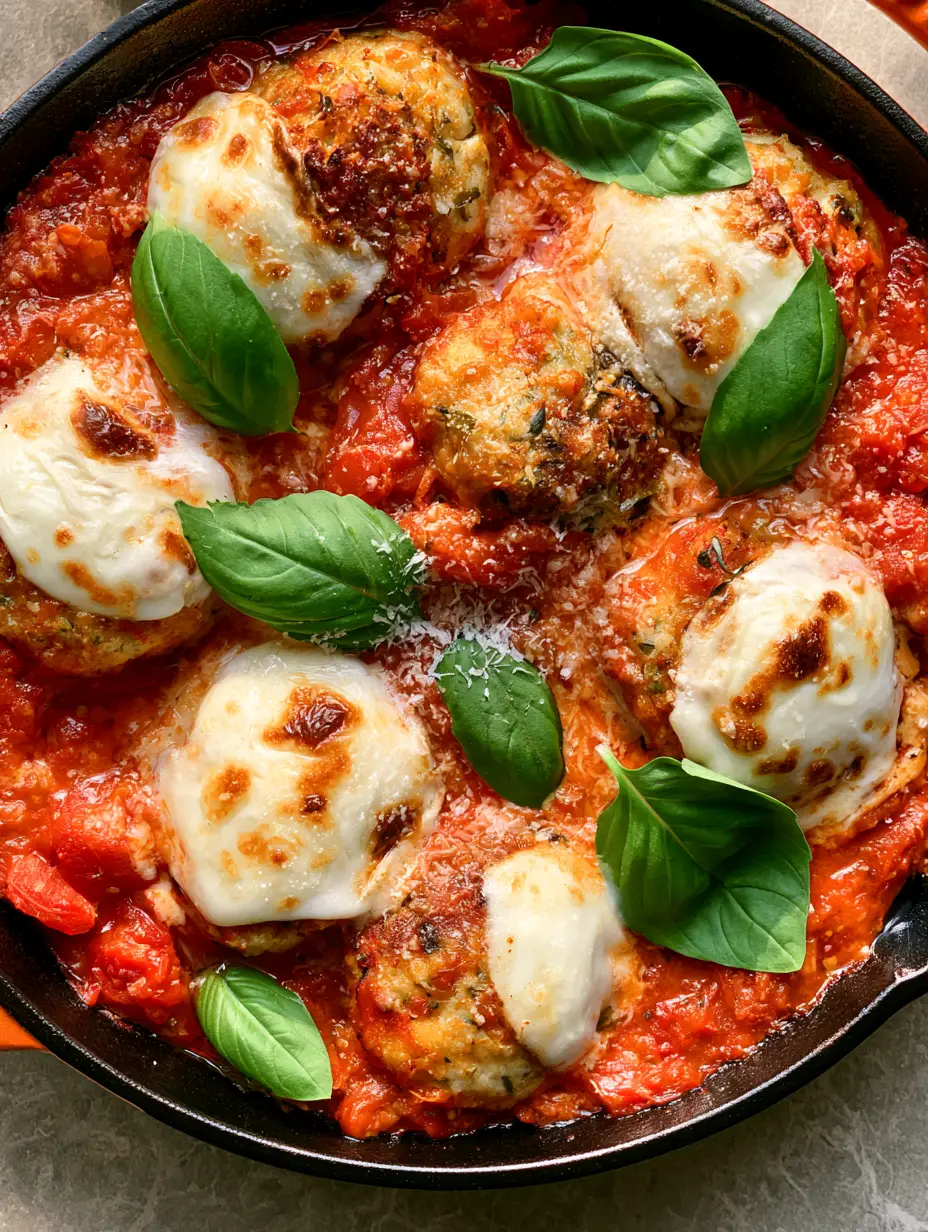 Chicken Ricotta Meatballs: The Juiciest Cheesy Skillet Dinner 4 Close-up of baked Chicken Ricotta Meatballs with toasted mozzarella cheese spots and fresh basil garnishes.