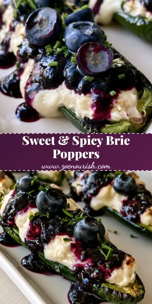 Blueberry Brie Jalapeño Poppers: The Ultimate Sweet and Spicy Appetizer 4 A close-up vertical shot of roasted Blueberry Brie Jalapeño Poppers with blistered skins, melted brie, and a dark blueberry drizzle on a white plate.