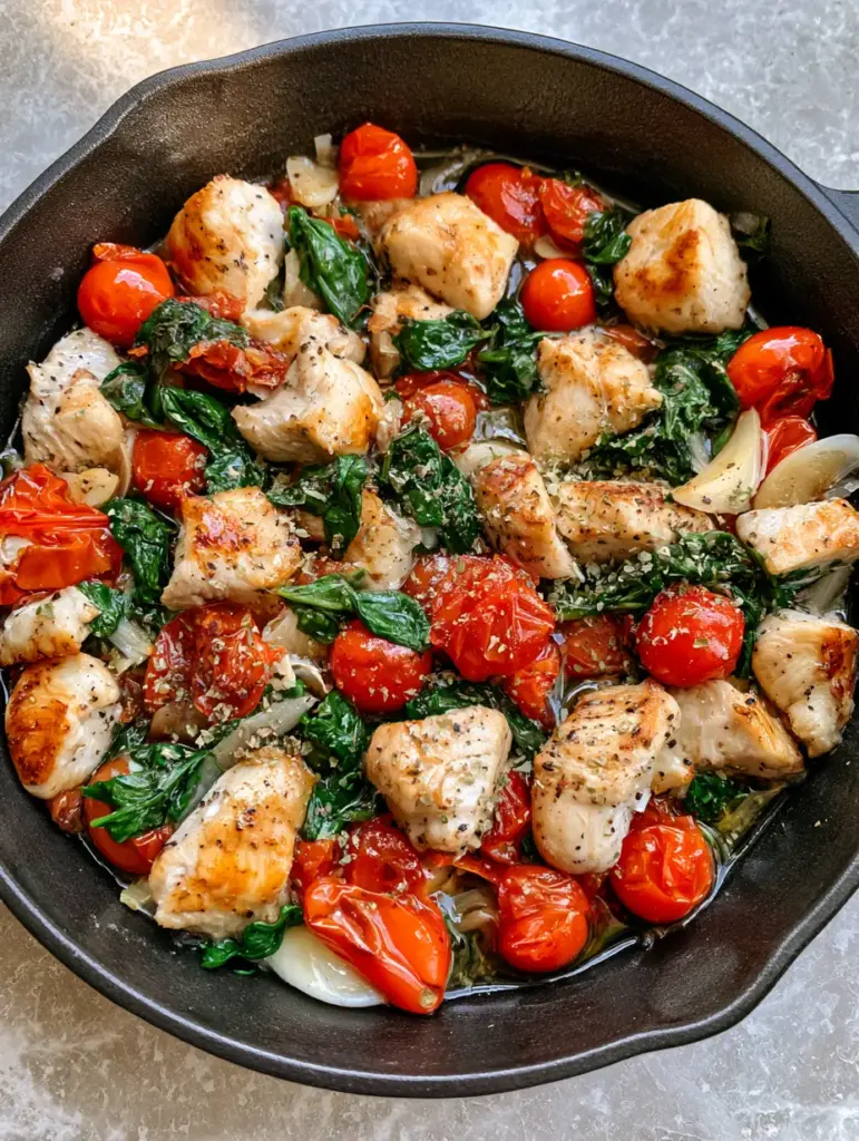 Mediterranean Chicken Stir Fry with Blistered Tomatoes and Spinach 1 A glistening skillet of Mediterranean Chicken Stir Fry with spinach and garlic slices on a stone countertop.