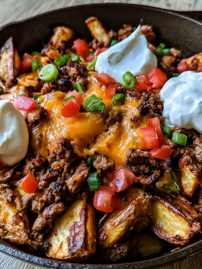 Cheesy Taco Potatoes: The Ultimate One-Skillet Family Dinner 1 Handheld smartphone photo of Cheesy Taco Potatoes in a rustic skillet with fresh tomato and green onion toppings.
