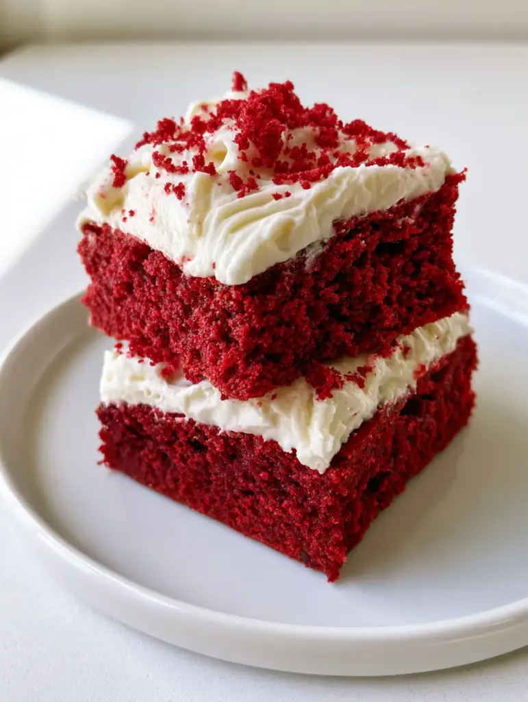 Red Velvet Cookie Bars: The Ultimate Thick and Chewy Recipe 1 Two rectangular Red Velvet Cookie Bars stacked on a ceramic plate with soft natural lighting.