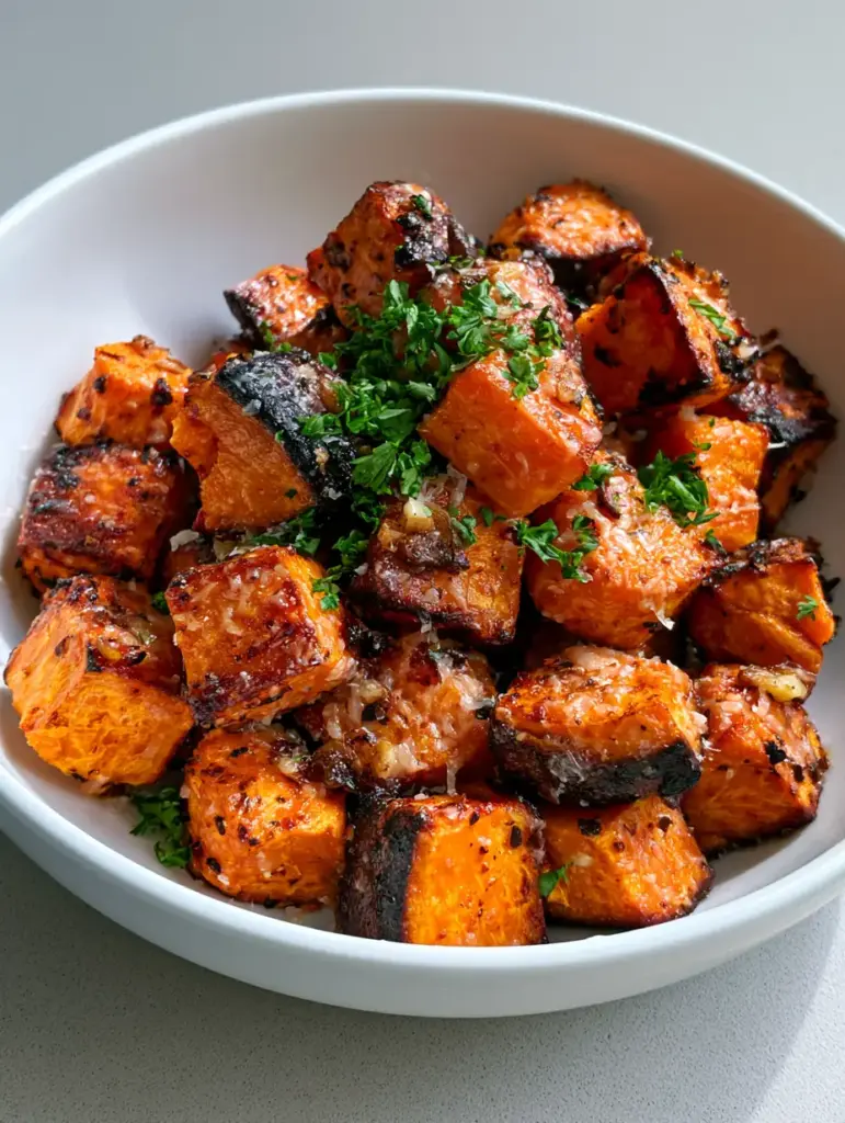 Garlic Parmesan Roasted Sweet Potatoes with Crispy Caramelized Edges 1 Smartphone photo of Garlic Parmesan Roasted Sweet Potatoes in a white bowl on a neutral gray surface in natural light.