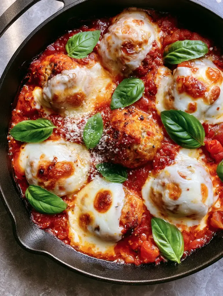 Chicken Ricotta Meatballs: The Juiciest Cheesy Skillet Dinner 1 Top-down view of Chicken Ricotta Meatballs in a skillet sitting on a grey stone countertop.