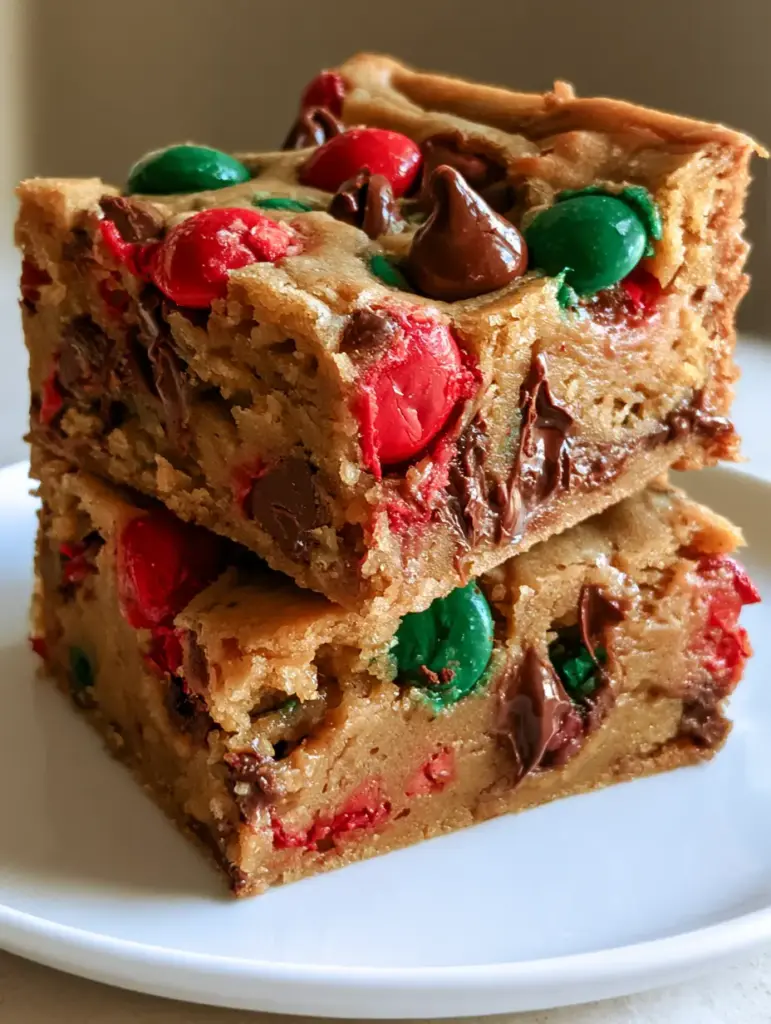 Christmas Cookie Bars: The Thickest, Gooiest Holiday Blondies 1 Close up of the uneven top surface of Christmas Cookie Bars showing glossy melted semi-sweet chocolate chips and green candy chocolates.