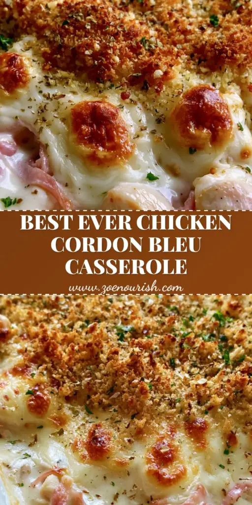 Chicken Cordon Bleu Casserole: The Ultimate Creamy & Crunchy Comfort Food 4 A close-up top-down view of Chicken Cordon Bleu Casserole in a white dish with golden-brown bubbles and crunchy panko topping.