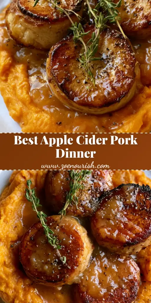 A top-down close-up of Apple Cider Pork medallions over vibrant orange mashed sweet potatoes with a glossy amber sauce and thyme.