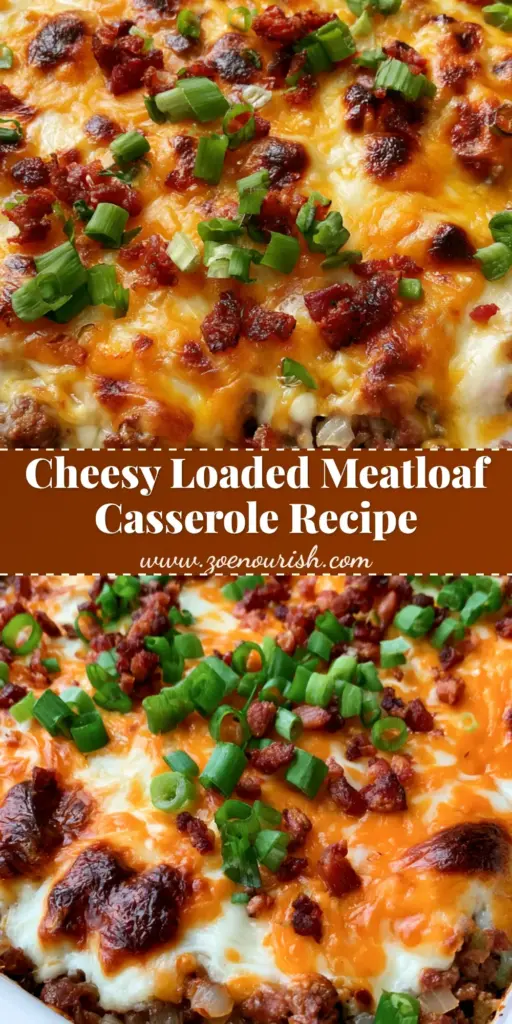 Cheesy Meatloaf Casserole: The Ultimate Loaded Family Comfort Food 4 A close-up high-angle shot of Cheesy Meatloaf Casserole in a white dish with bubbling orange cheddar and white mozzarella, topped with crispy bacon and green onions.