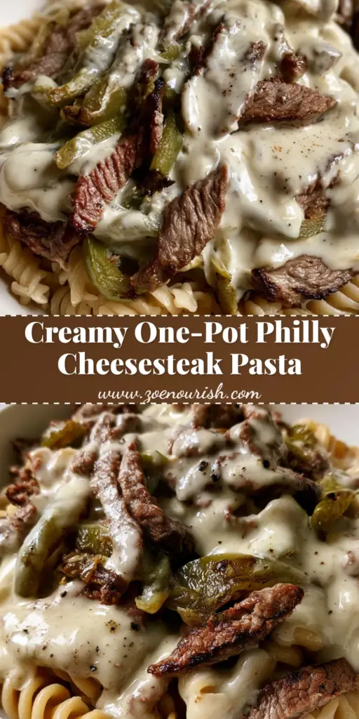 A close-up shot of Philly Cheesesteak Pasta in a white bowl featuring rotini, seared steak, and green peppers in a creamy white sauce.