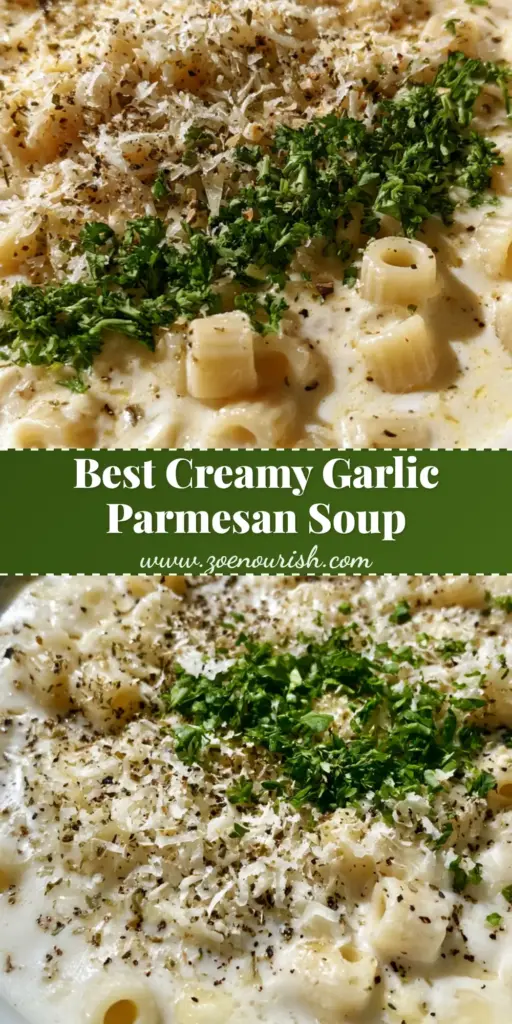 Creamy Garlic Parmesan Soup with Tender Ditalini Pasta 4 A shallow white bowl of Creamy Garlic Parmesan Soup with ditalini pasta, heavily garnished with fresh parsley and cracked black pepper.
