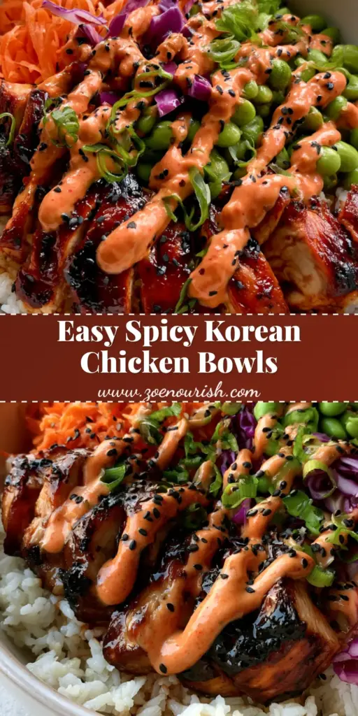 Korean BBQ Chicken Bowls with Creamy Gochujang Mayo 3 A top-down view of Korean BBQ Chicken Bowls featuring caramelized chicken, purple cabbage, carrots, and edamame with a gochujang mayo drizzle.
