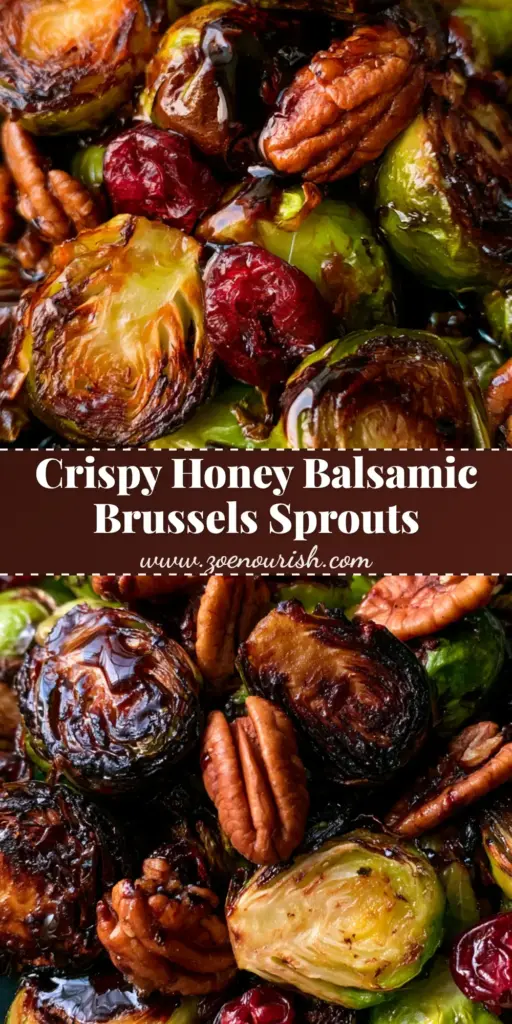 Roasted Brussels Sprouts with Balsamic Glaze, Pecans, and Cranberries 3 A tall Pinterest pin showing a rustic bowl of Roasted Brussels Sprouts with charred leaves, glossy balsamic glaze, pecans, and cranberries.