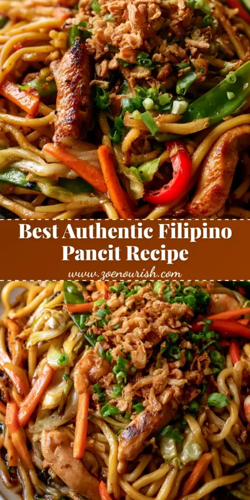 Filipino Pancit Canton: The Ultimate Savory Stir-Fried Noodle Recipe 3 A close-up shot of Filipino Pancit Canton featuring glossy yellow noodles, seared chicken, pink shrimp, matchstick carrots, and snap peas on a white plate.