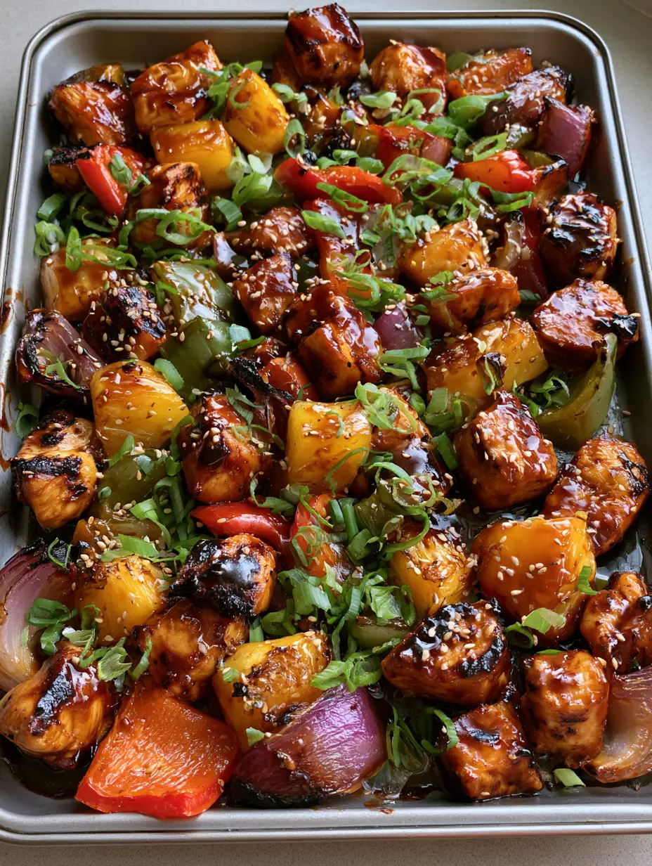 Close up photo of Hawaiian Chicken Sheet Pan showing glazed chicken cubes, pineapple chunks, and blistered red and green peppers.