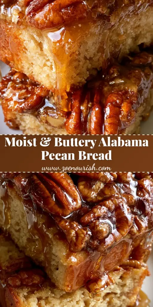 Sweet Alabama Pecan Bread with Glossy Amber Brown Sugar Glaze 3 A close-up vertical shot of Sweet Alabama Pecan Bread stacked on a white plate, featuring a glossy brown sugar glaze and whole pecans.