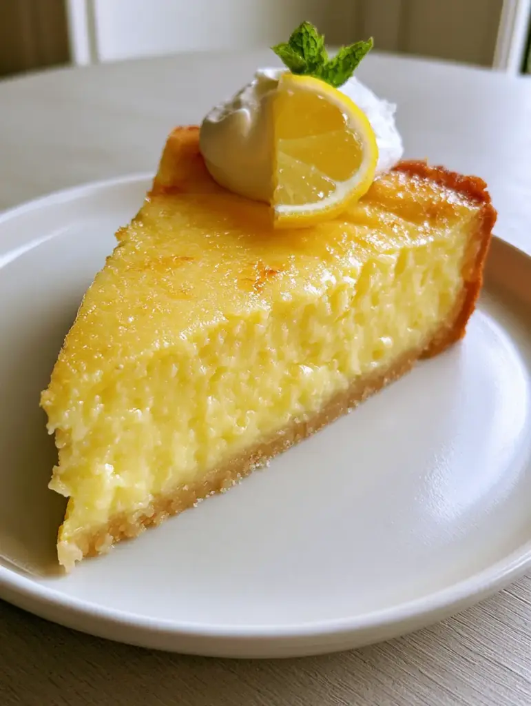 Close up of Impossible Lemon Pie slice showing the creamy yellow custard and golden-brown crust.