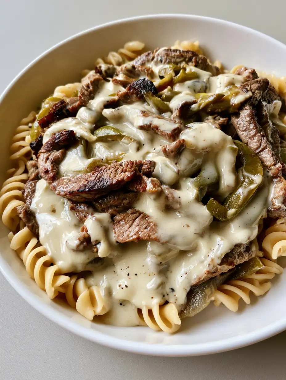 Thin strips of seared chipped steak and rotini pasta heavily coated in a glossy creamy white cheese sauce. (Philly Cheesesteak Pasta)