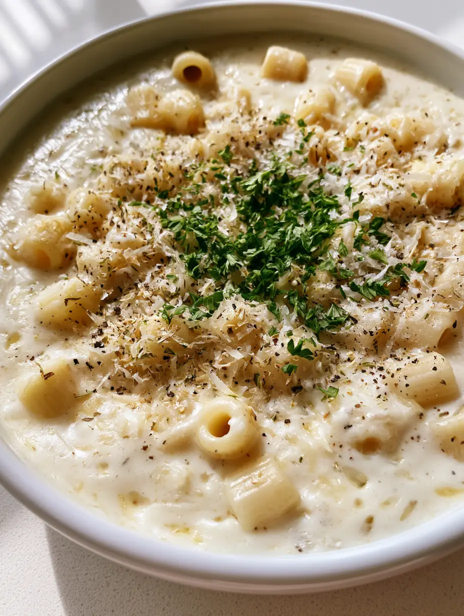 Creamy Garlic Parmesan Soup with Tender Ditalini Pasta 3 Close up shot of thick white cream sauce in Creamy Garlic Parmesan Soup showing melted cheese texture and ditalini pasta.