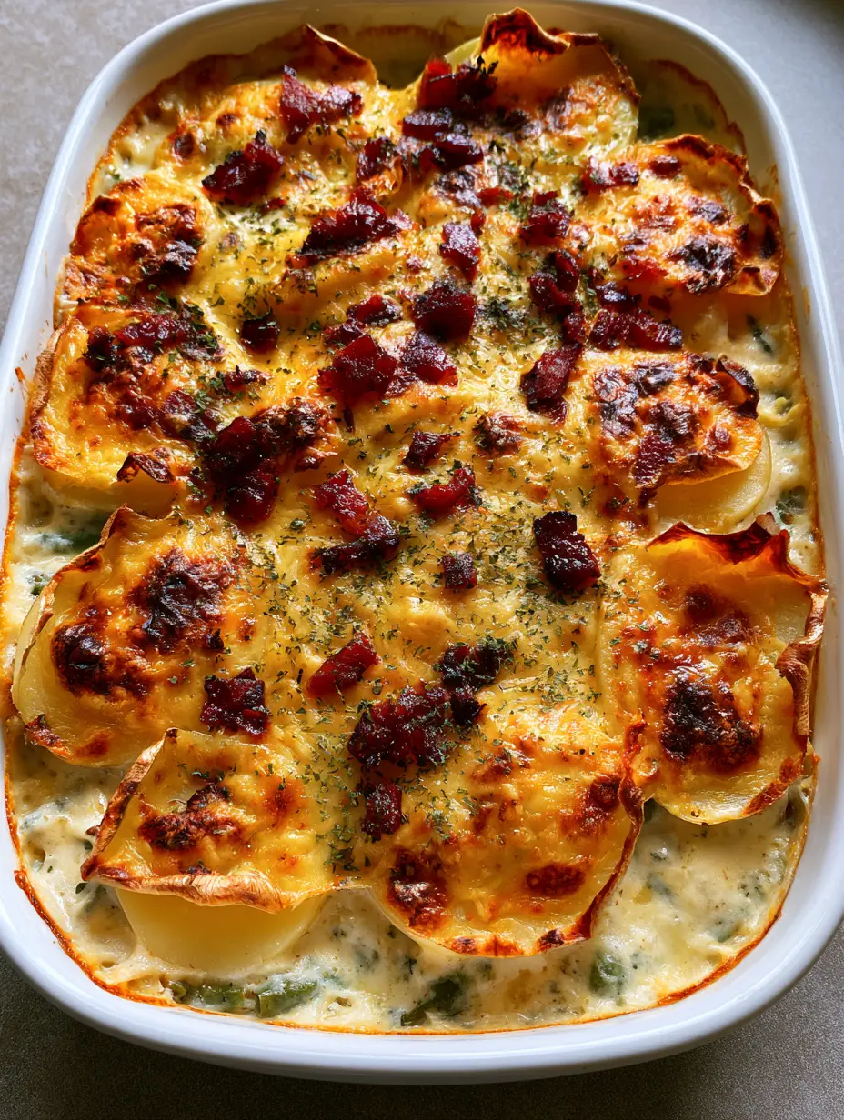 Green Bean Potato Casserole with Crispy Bacon and Cheese 4 A rectangular ceramic baking dish filled with Green Bean Potato Casserole showing browned potato edges and golden melted cheese.