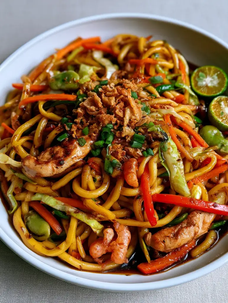 Filipino Pancit Canton: The Ultimate Savory Stir-Fried Noodle Recipe 2 High-angle view of glossy Filipino Pancit Canton noodles with seared chicken and bright vegetables. (Filipino Pancit Canton)