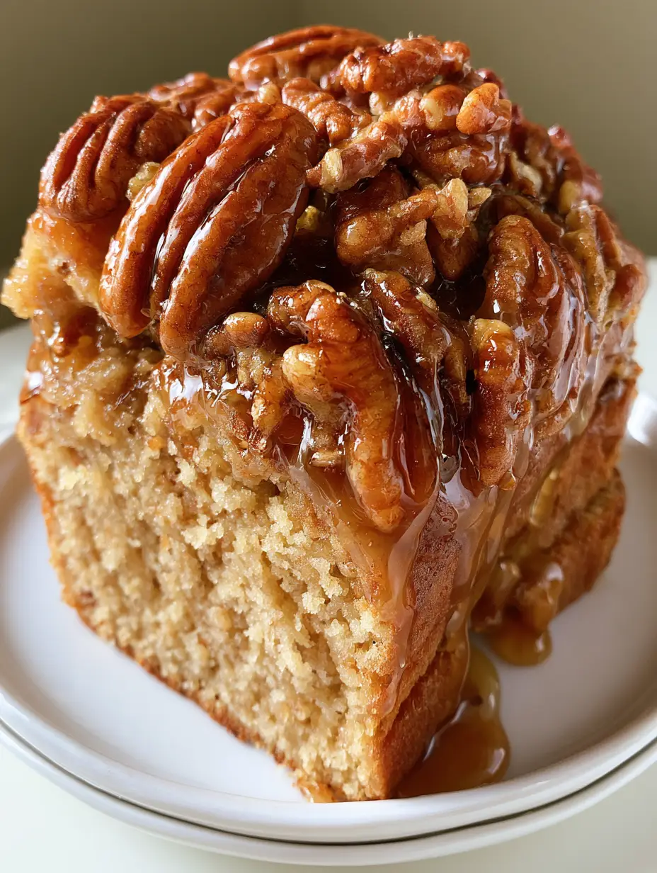 Sweet Alabama Pecan Bread with Glossy Amber Brown Sugar Glaze 4 Slices of moist golden-brown Sweet Alabama Pecan Bread showing a tender crumb and toasted pecan topping.