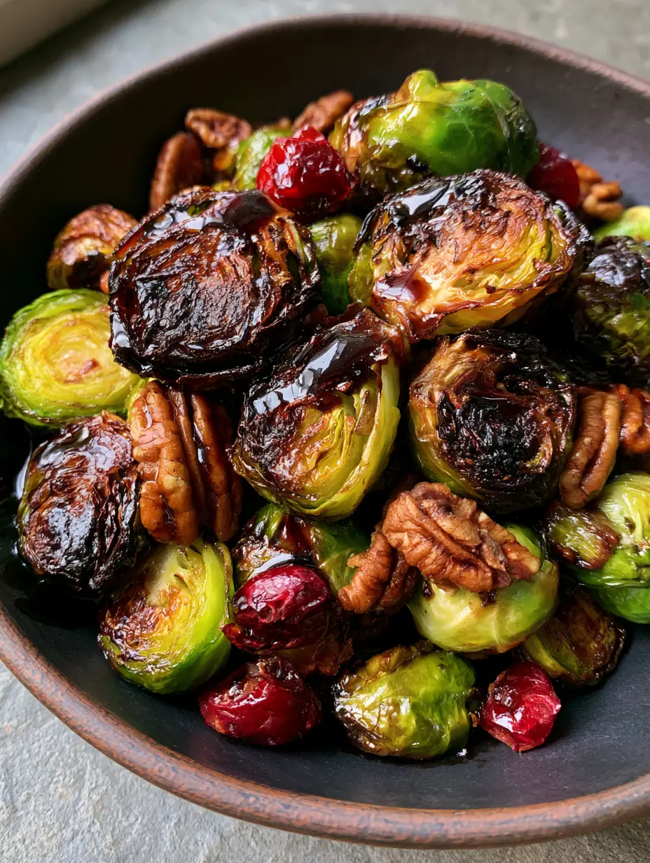 Roasted Brussels Sprouts with Balsamic Glaze, Pecans, and Cranberries 4 Close-up of Roasted Brussels Sprouts showing charred dark brown outer leaves and bright green centers in a dark bowl.