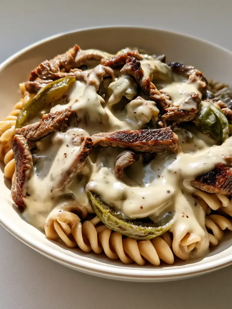 Philly Cheesesteak Pasta served in a shallow white ceramic bowl with vibrant green bell peppers.