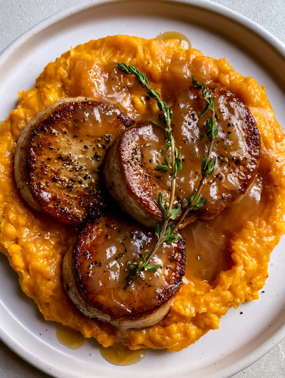 Close-up of seared Apple Cider Pork medallions with visible golden-brown caramelization and fresh thyme garnish.