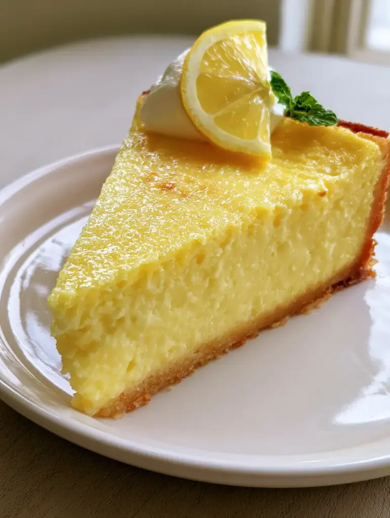 Impossible Lemon Pie: The Magic Self-Crusting Lemon Custard 1 A slice of Impossible Lemon Pie on a white plate sitting on a light wooden table in natural light.
