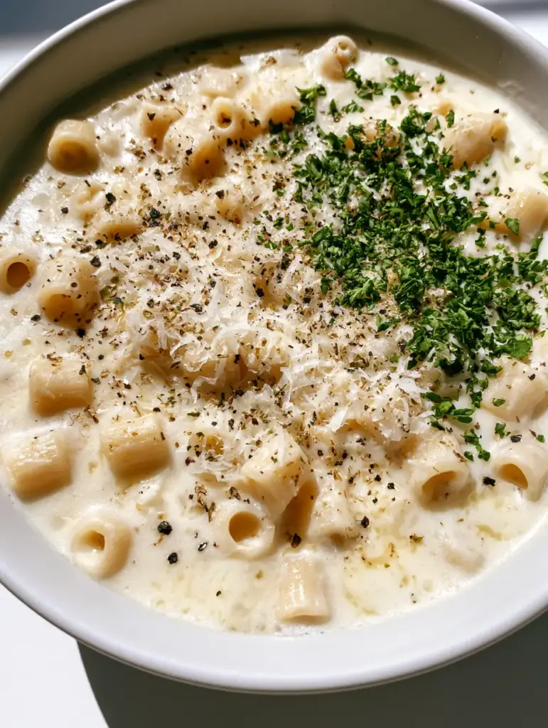 Creamy Garlic Parmesan Soup with Tender Ditalini Pasta 1 Overhead view of Creamy Garlic Parmesan Soup garnished with bright green parsley and coarse cracked black pepper.