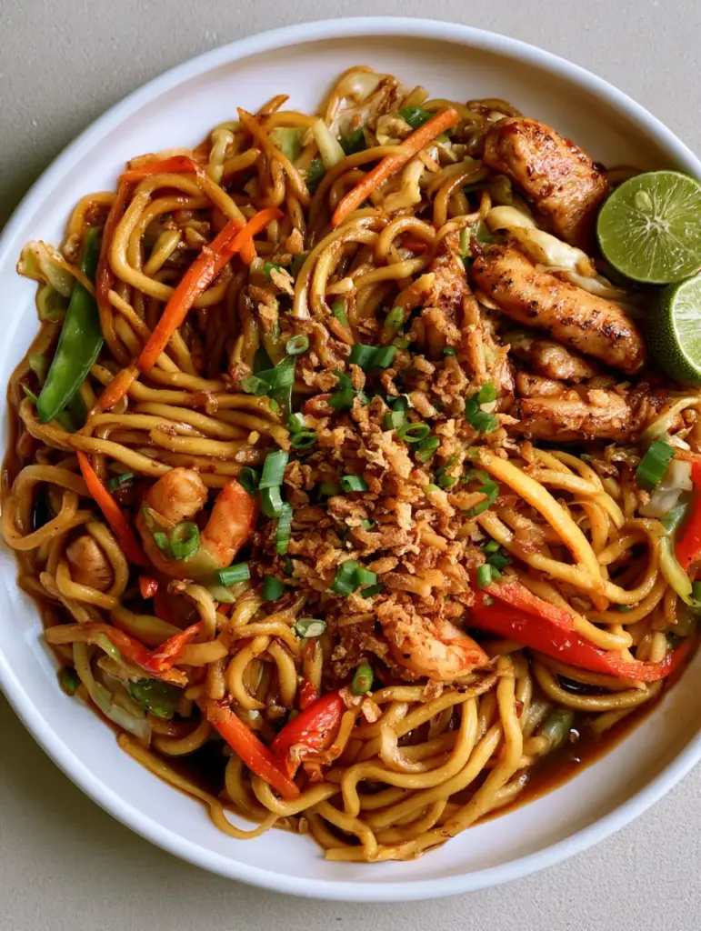 Filipino Pancit Canton: The Ultimate Savory Stir-Fried Noodle Recipe 1 Close-up of seared chicken strips and pink shrimp nestled in charred Filipino Pancit Canton wheat noodles.