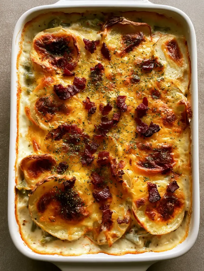 Green Bean Potato Casserole with Crispy Bacon and Cheese 1 Overhead view of Green Bean Potato Casserole topped with crispy dark red-brown bacon and dried herb flakes.