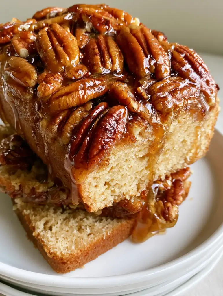 Sweet Alabama Pecan Bread with Glossy Amber Brown Sugar Glaze 1 Top view of Sweet Alabama Pecan Bread covered in a thick layer of large, whole toasted pecan halves and amber syrup.