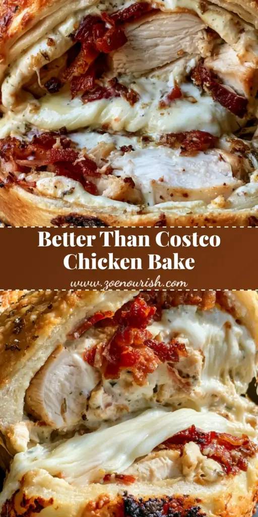 Costco Chicken Bake: The Ultimate Copycat Recipe You Can Make at Home 3 A close-up of a golden-brown Costco Chicken Bake sliced to reveal melted mozzarella, chicken, and bacon.