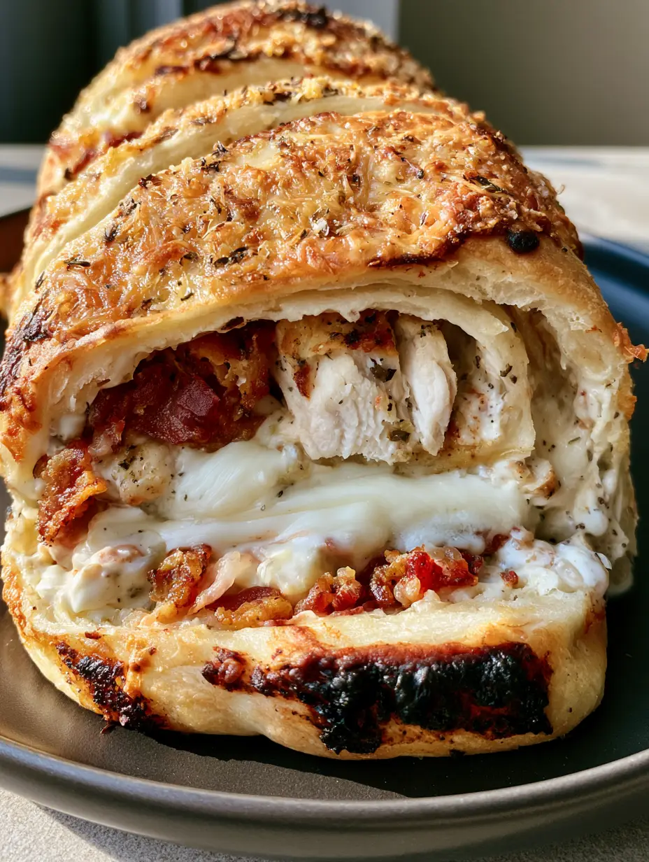 Costco Chicken Bake: The Ultimate Copycat Recipe You Can Make at Home 4 A handheld photo of a sliced Costco Chicken Bake showing the creamy Caesar filling and stretchy cheese.