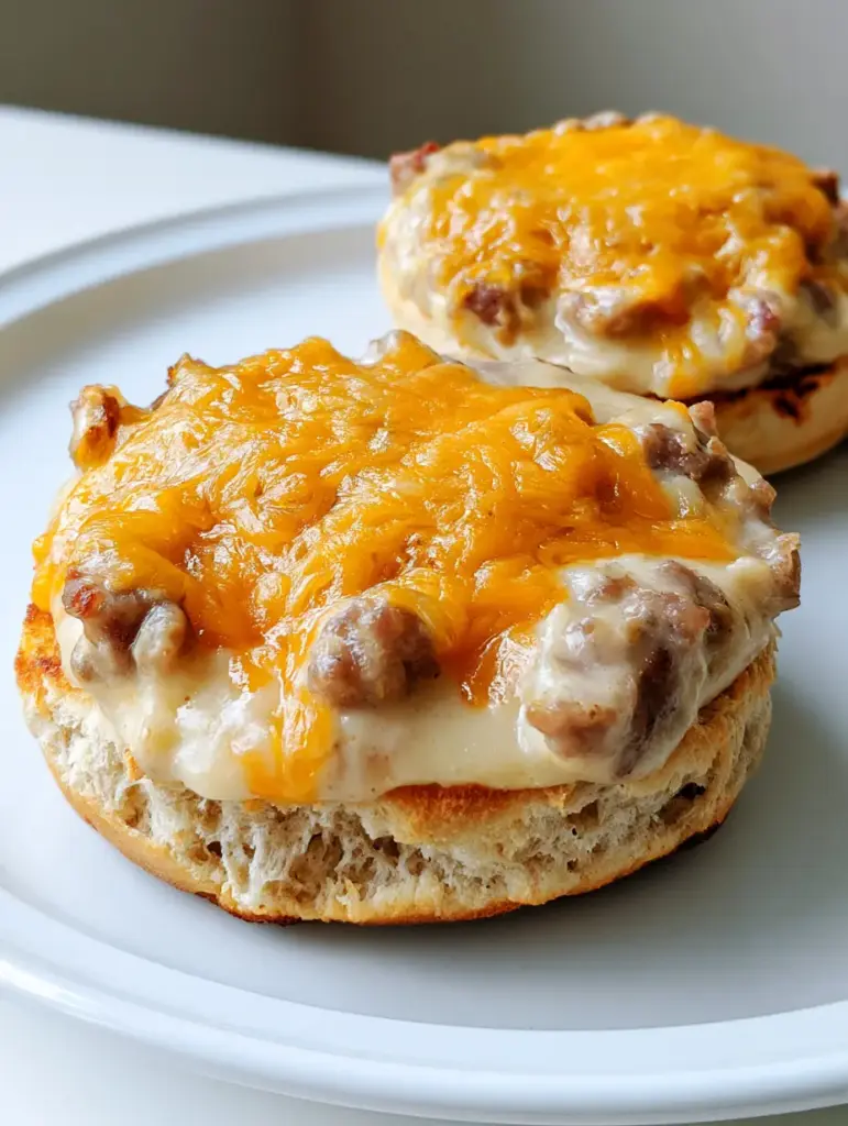 A close-up shot of English Muffin Breakfast Pizza showing the craggy edges and bubbly orange cheese.