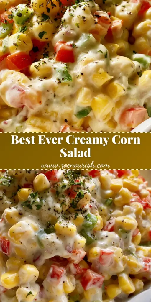 Creamy Corn Salad With Peppers and Glossy White Dressing 3 A handheld smartphone photo of Creamy Corn Salad in a white scalloped rim bowl, featuring yellow corn, red and green peppers, and cracked black pepper garnish.