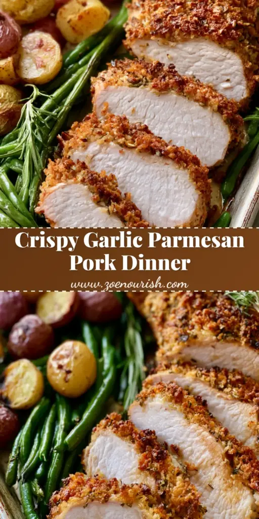 Garlic Parmesan Pork Tenderloin with Roasted Potatoes and Green Beans 4 A vertical shot of Garlic Parmesan Pork Tenderloin sliced on a baking sheet with roasted potatoes and green beans, perfect for Pinterest.