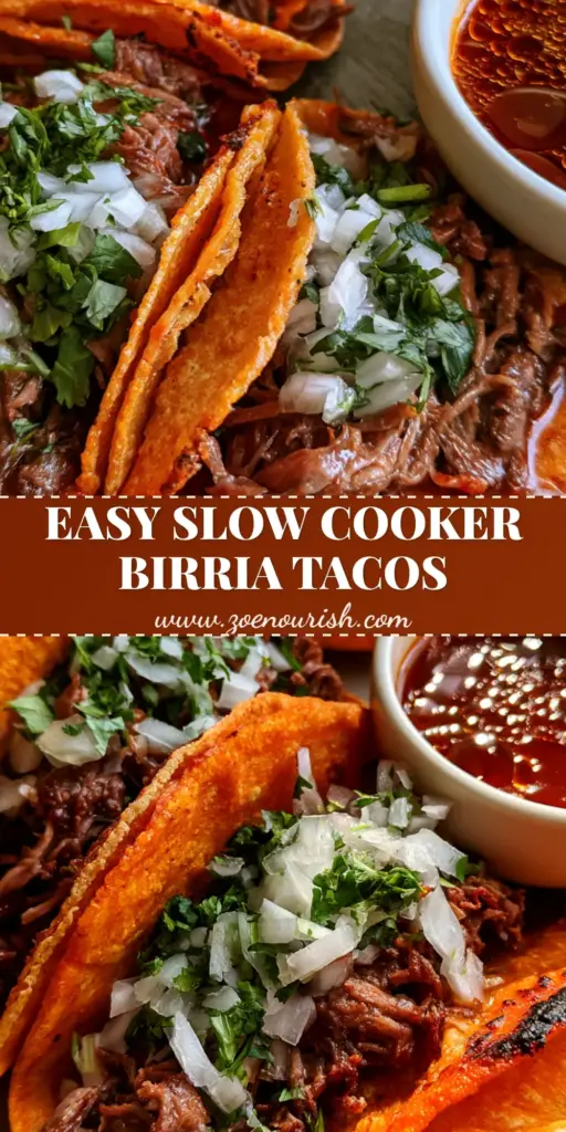 Three folded corn tortillas filled with shredded beef, featuring crispy charred edges and a side of beef consomé. (Slow Cooker Birria Tacos)