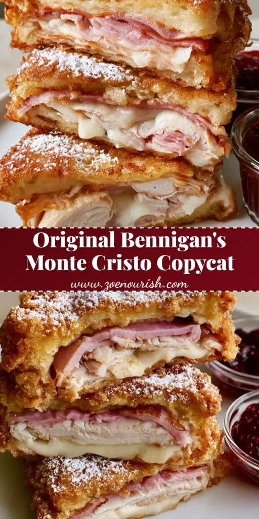 Bennigan's Monte Cristo Copycat: The Ultimate Deep-Fried Sandwich 4 A deep-fried Bennigan's Monte Cristo Copycat sandwich sliced into quarters and dusted with powdered sugar, served with raspberry jam.