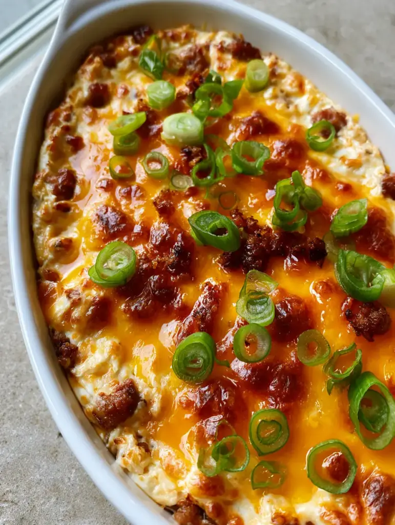 Hissy Fit Dip: The Ultimate Cheesy Sausage Party Appetizer 2 Top-down view of Hissy Fit Dip showing glistening melted cheese and green scallion garnish in a ceramic bowl. (Hissy Fit Dip)