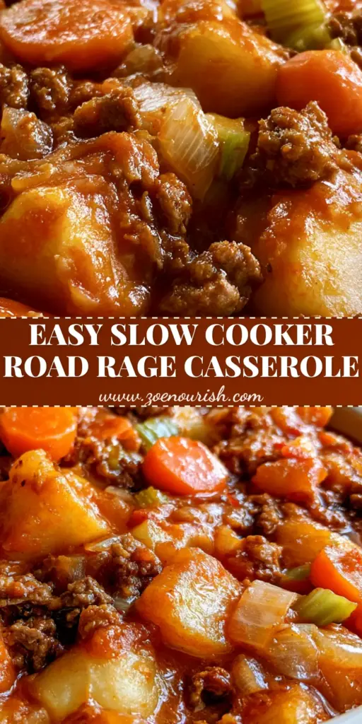 Road Rage Casserole: The Ultimate Hearty Slow Cooker Comfort Meal 3 A top-down view of Road Rage Casserole in a white slow cooker featuring large potato chunks, browned beef crumbles, and carrot rounds in a thick reddish-orange sauce.