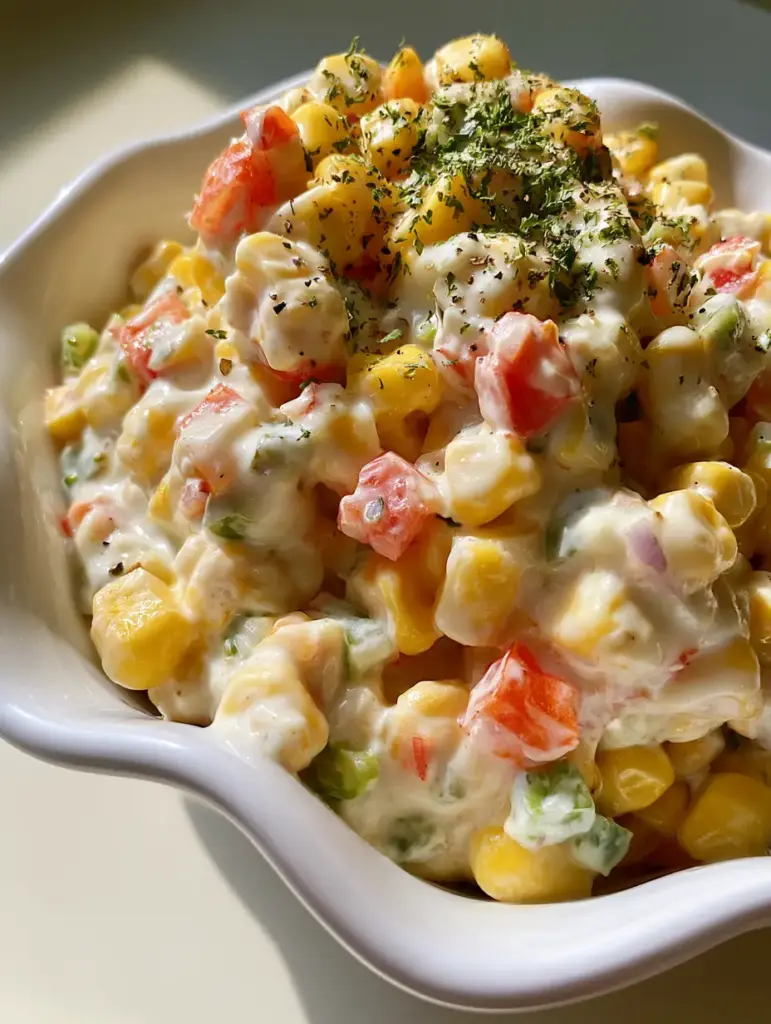 Creamy Corn Salad With Peppers and Glossy White Dressing 2 Close-up of bright yellow sweet corn kernels mixed with red and green bell peppers in a thick creamy white dressing.