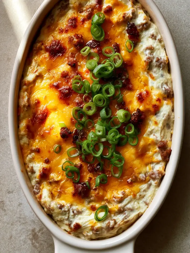 Hissy Fit Dip: The Ultimate Cheesy Sausage Party Appetizer 1 Angled photo of Hissy Fit Dip highlighting the toasted brown cheese spots and crispy sausage crumbles. (Hissy Fit Dip)