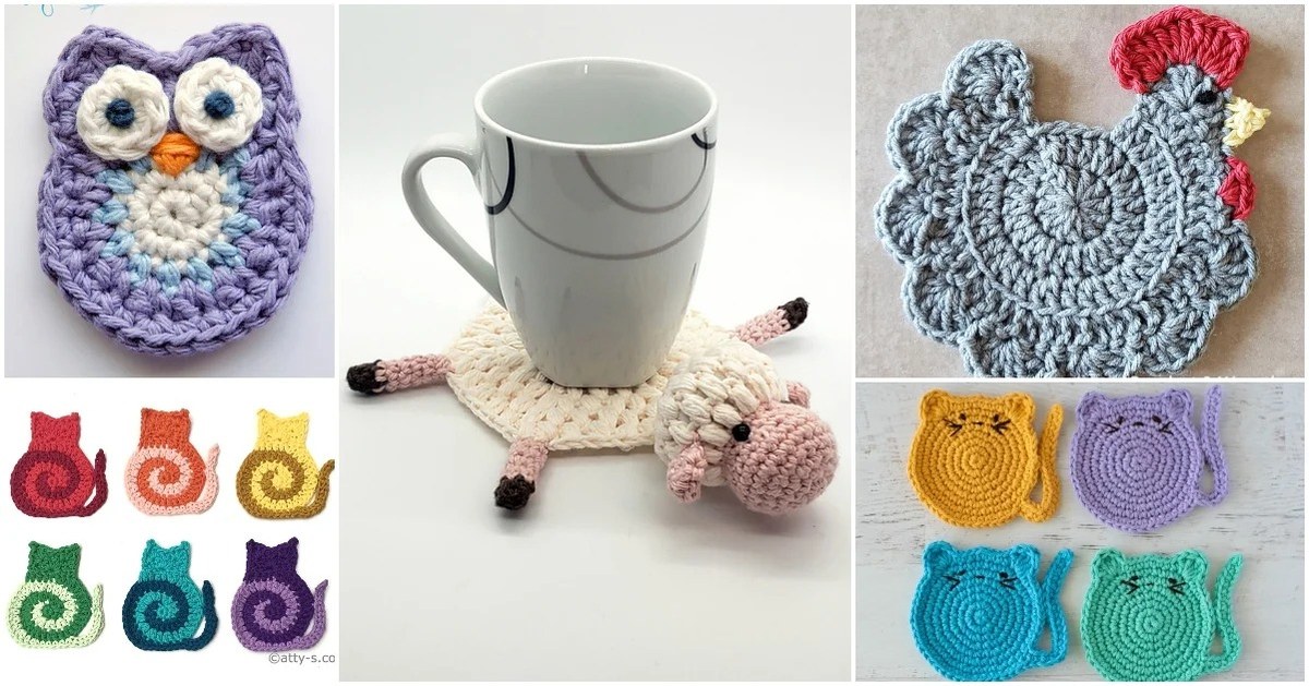 The 15+ Best Animal Coaster Free Crochet Patterns 1 A collection of colorful and adorable handmade crochet animal coasters displayed on a wooden table, featuring various designs like bear, cat, and turtle faces, highlighting The 15+ Best Animal Coaster Free Crochet Patterns.